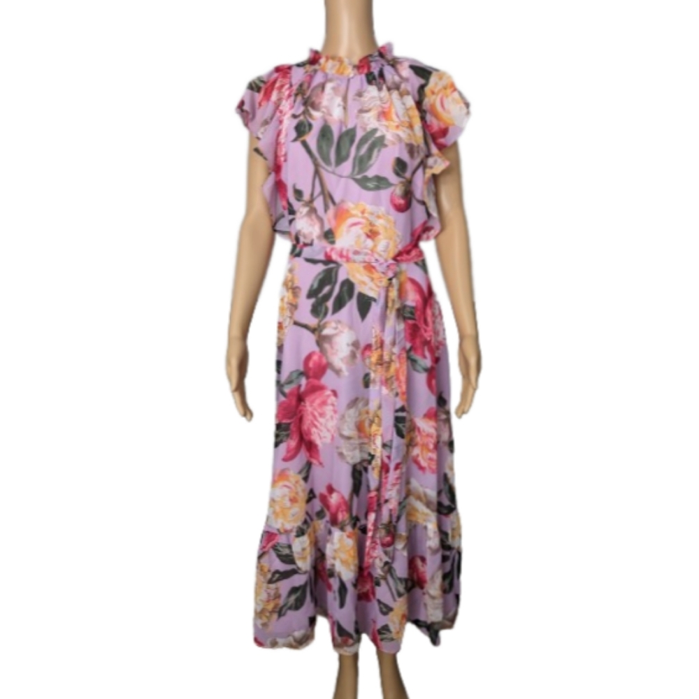 Tahari ASL Ruffle Neck Cap Sleeve Floral Print Chiffon Midi Dress 10